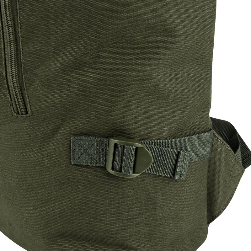 green heavy cotton canvas roll top rucksack tightening straps